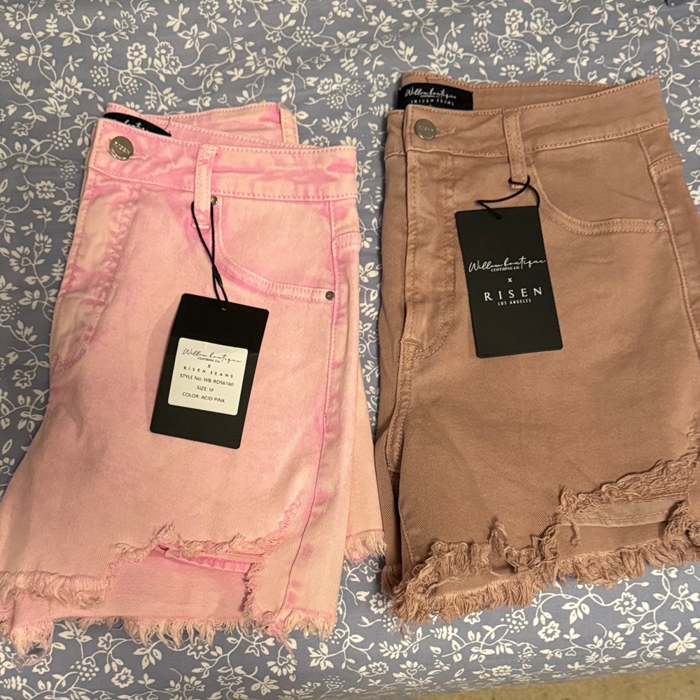 Risen X  Frayed Hem Denim Shorts (Pink & Taupe) Willow Boutique